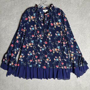 Umgee Tunic Mini Dress Size Large Blue Floral Boho Ruffle Bell Sleeve Cottage